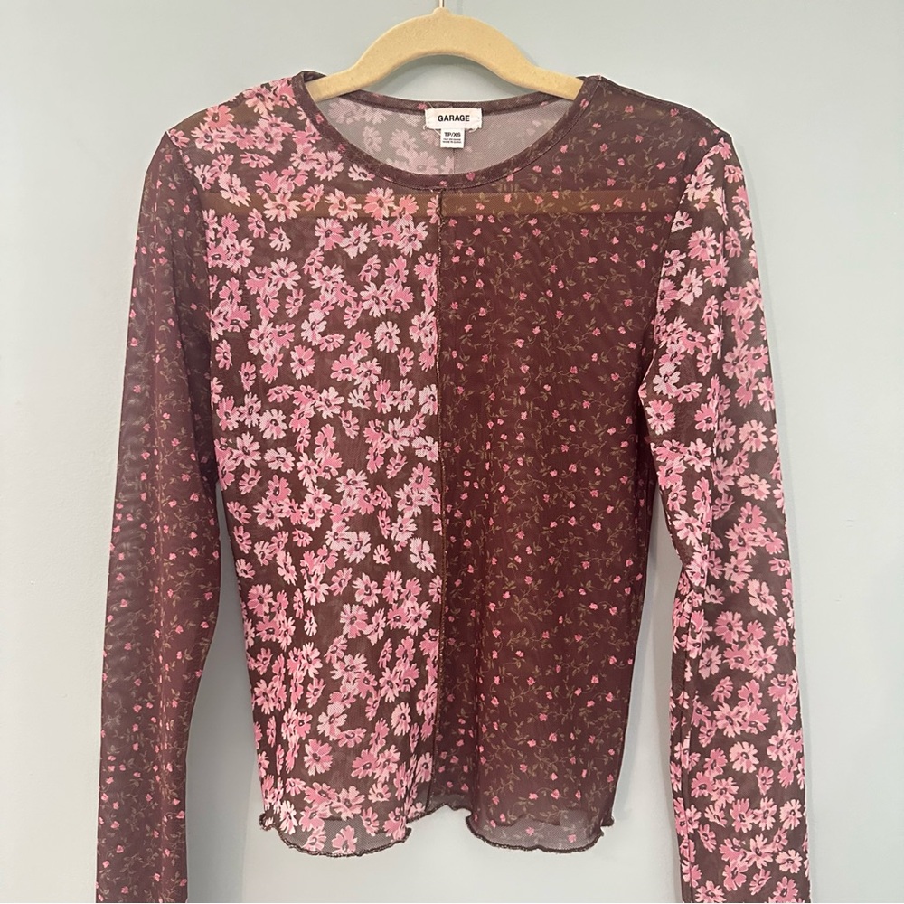 Garage Pink and Brown Floral Sheer Crop Top Blouse